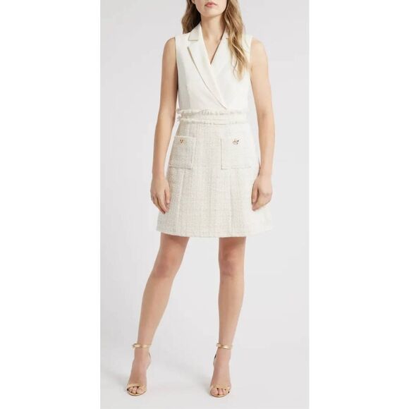 Eliza J Tweed Dress Size 14 Ivory Mini V Neck Front Pockets Zip Up NWT - Picture 1 of 12